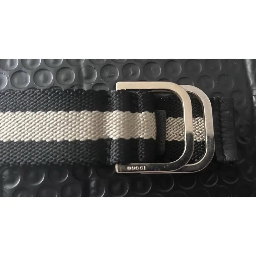 AUTHENTIC GUCCI BLACK & BEIGE STRIPED CANVAS WEB D-RING BELT SZ 32” WAIST